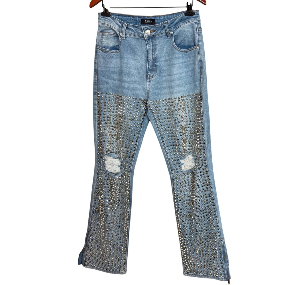 AKIRA Studded Bootcut Jeans Womens 9 W28 Silver Cone Stud Distressed Zip Hem